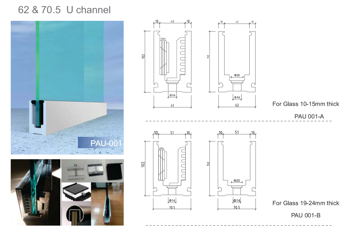 Aluminum Base Shoe Glass Railing Design Balcony Frameless U Channel Glass Balustrade